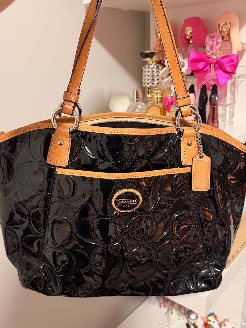 Coach Black Patent Tote with Tan Trim and Logo Plaque